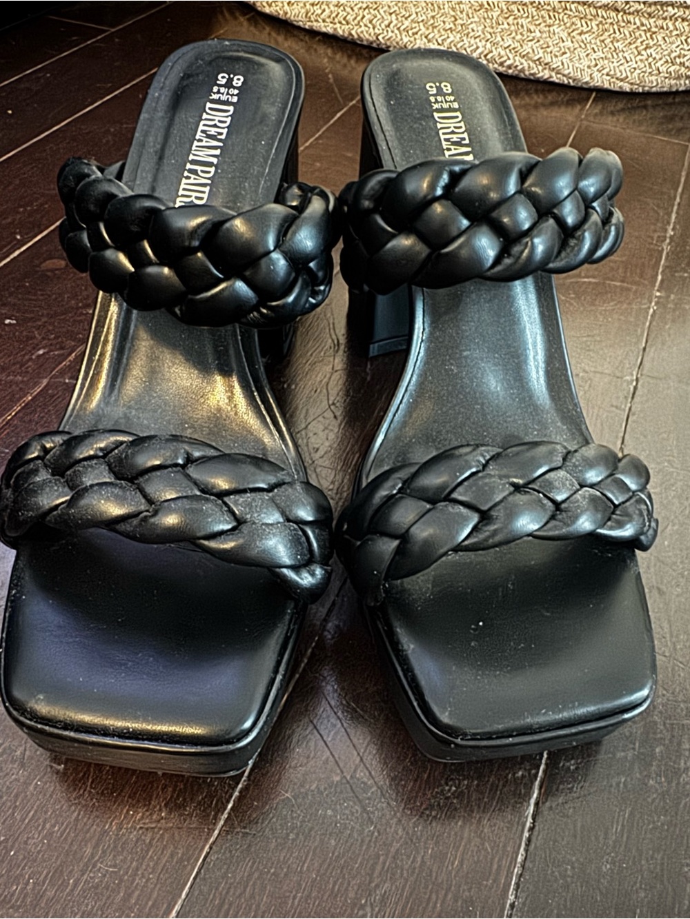 Dream Pairs Black Braided Double-Strap Slide Heels.  8.5.  4” heel.  Never worn